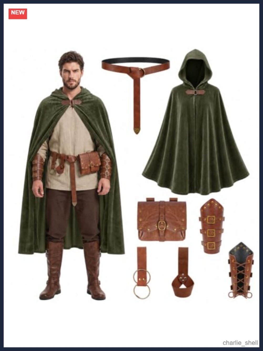 Men's Renaissance Viking Costume Set Hooded Cloak Belt Pouch Bracers Medieval